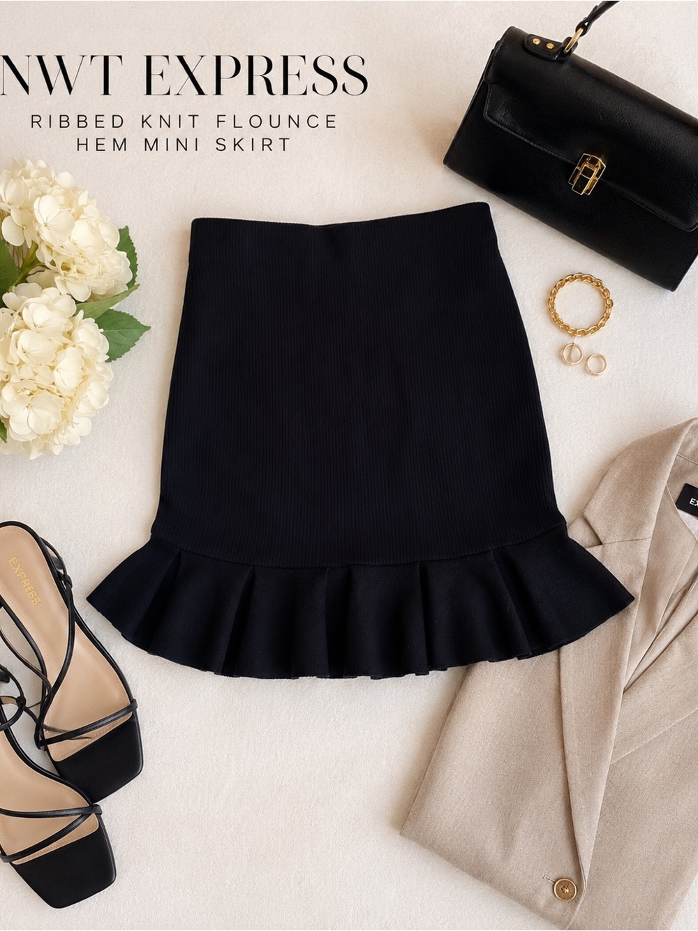 NWT Express Black Ribbed Knit Flounce Hem Mini Skirt small
